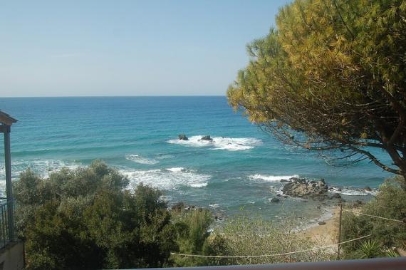 'Pelekas beach - view from our room's balcony at Sun Rock hostel' - Corfu